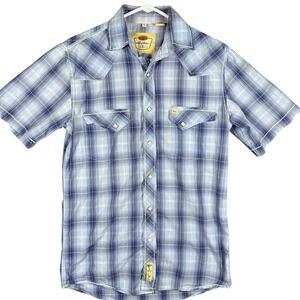 Larry Mahan Western Shirt Mens Small Blue Plaid Pearl Snap Short Sleeve Cotton